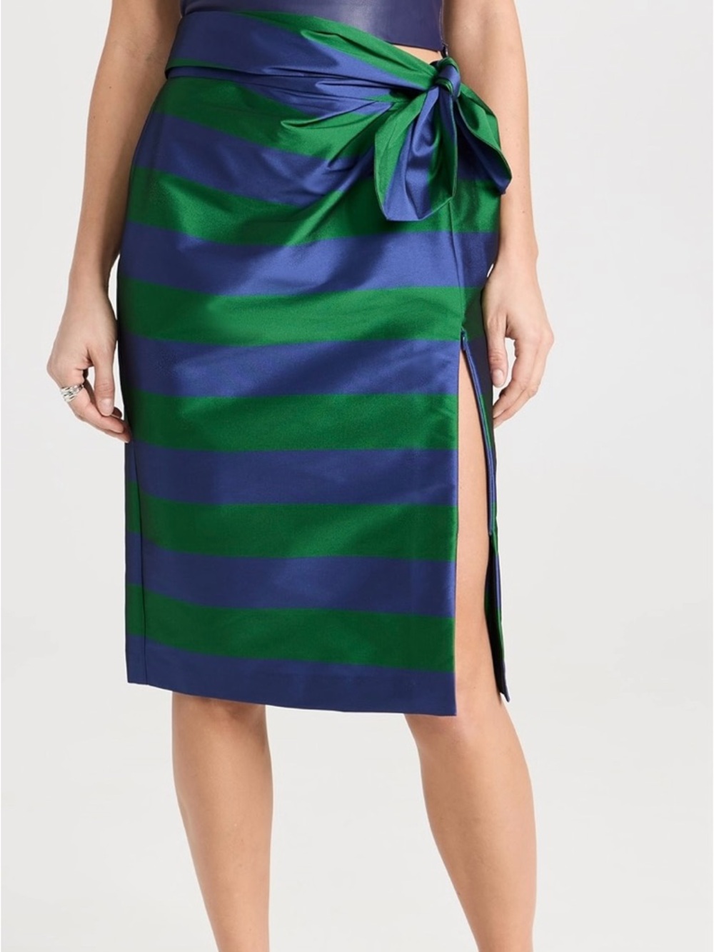 Striped Blue & Green Midi Skirt with Side Slit
